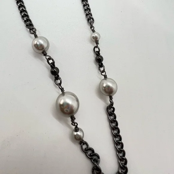 J Crew Beaded Station Faux Pearl Gun Metal Silver Tone Long Necklace Approx 31” - Picture 6 of 8